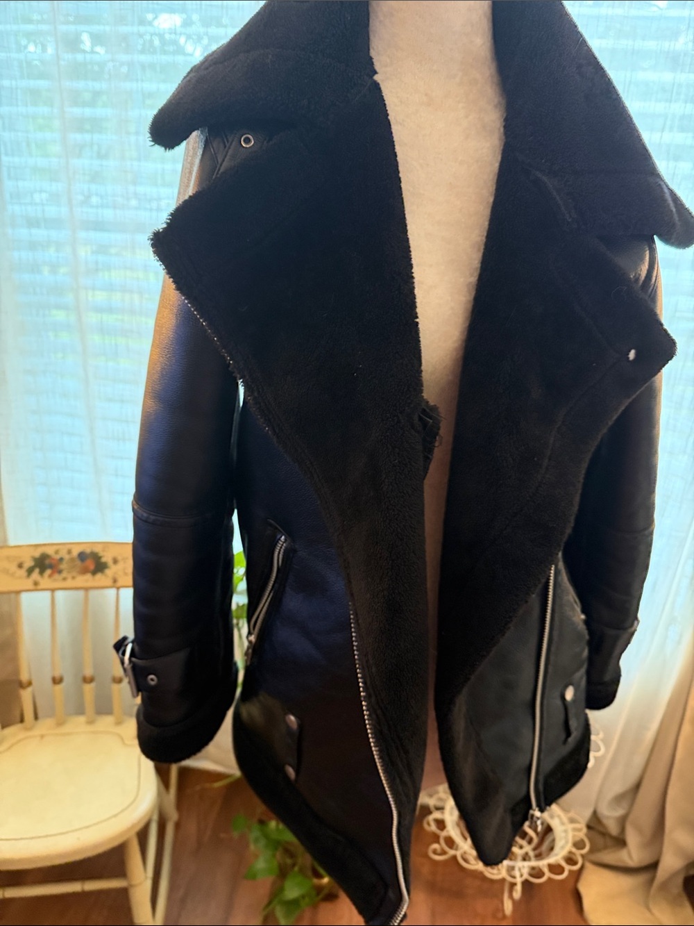 Avec Les Filles Black Faux-Shearling Moto Jacket